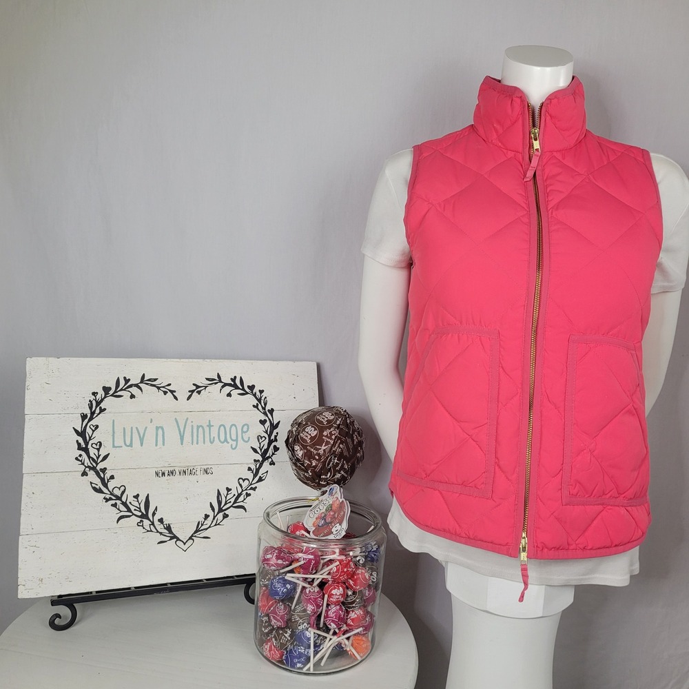 J.Crew Excursion Quilted Puffer Vest Pink XXS Gold Zip‎ Diamond Pattern